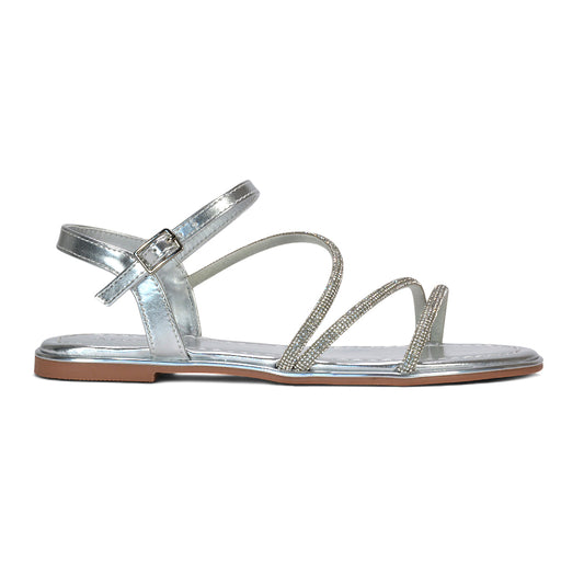 silver diamante sandals for holiday nights, silver jewelled flat sandals, silver diamante flat sandals, silver diamante ankle strap flat sandals for holidays