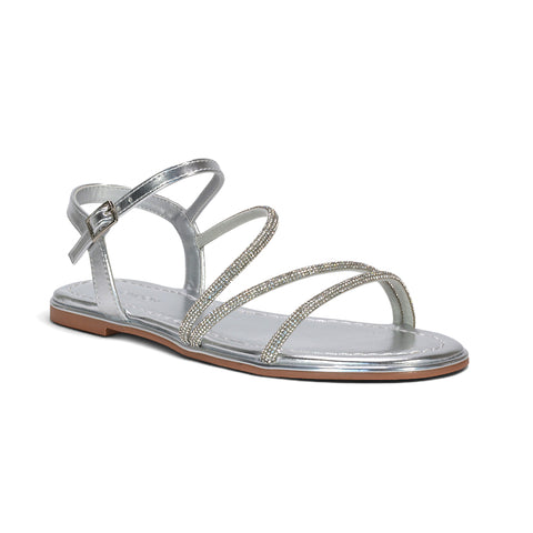 silver ankle strap sandals, women’s silver sparkly sandals for weddings or parties, silver crystal sandals, women’s silver dressy flat sandals for events, summer sandals