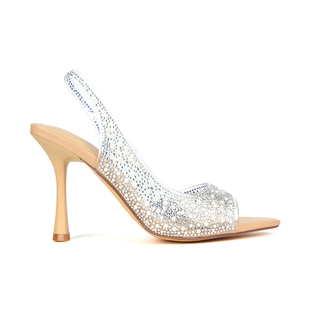 High Stilettos, Women's Heeled Shoes, Slingback Shoes, Nude Slingback Shoes, Perspex Heels Diamante