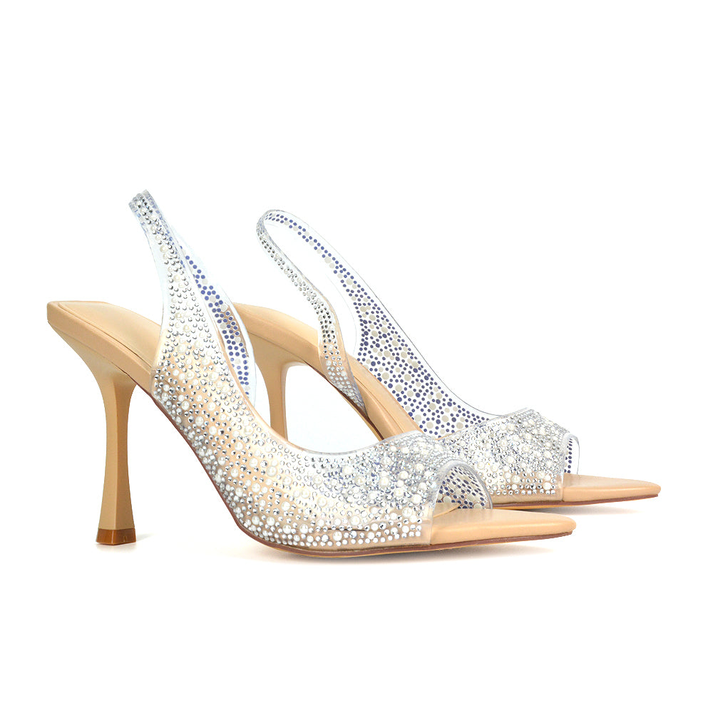 Diamante Embellished Heels, Sparkly Heels, Prom Heels, Nude Prom Heels, Wedding Heels