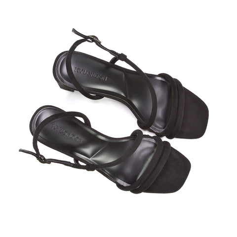 black square toe heels, women’s black dress sandals with slingback strap, open toe black heels