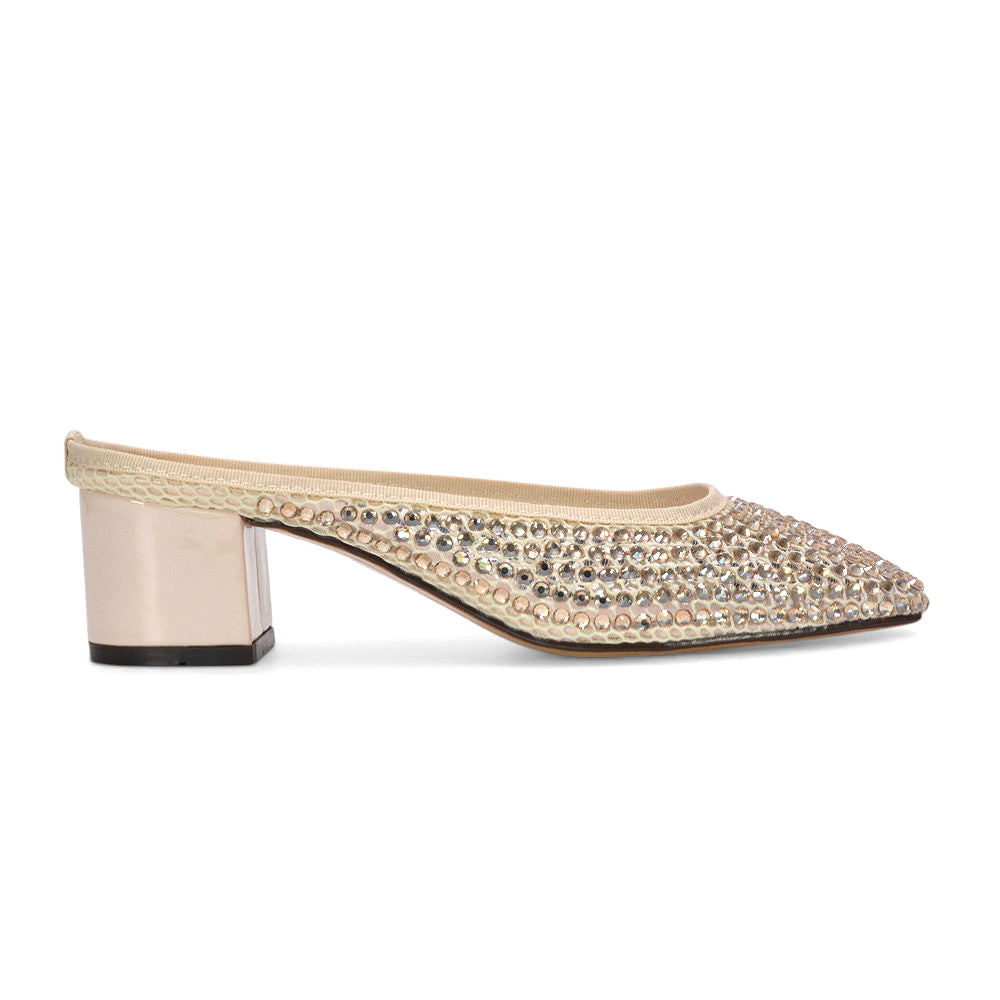 square toe mule heels, women’s sparkly mule block heels, bridal party shoes, breathable mesh heels, affordable crystal mesh heels, beige mule heels, beige sparkly heels