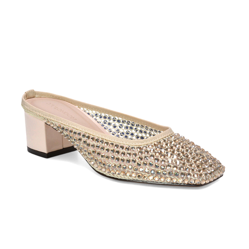 block heel court shoes, square toe crystal mesh court shoes, evening party heels, cushioned block heel shoes, designer style mule heels women, beige heeled sandals, beige mesh heels