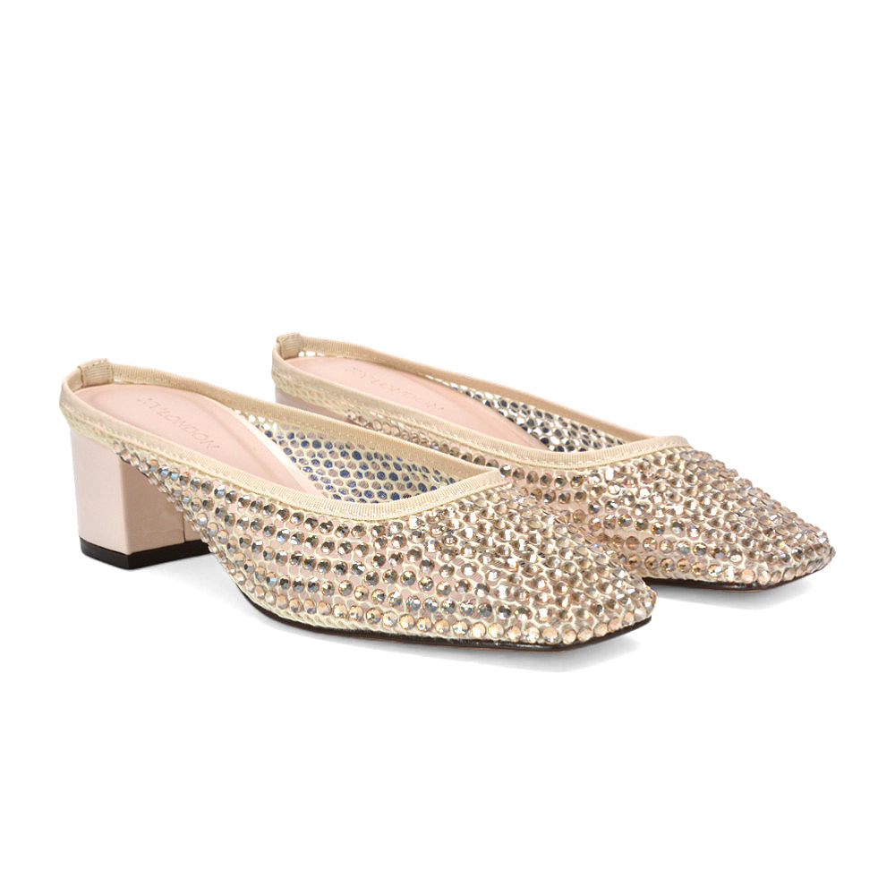 diamante crystal mesh heels, diamante crystal mesh square toe heels, wedding guest heels, slip-on mule heels, buy diamante mule heels UK, beige heels, beige block heels