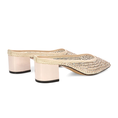 crystal mesh mule heels, diamante embellished mule heels for women, prom heels diamante, open back court shoes, comfortable dress heels for women, beige prom heels, beige block heels sandals