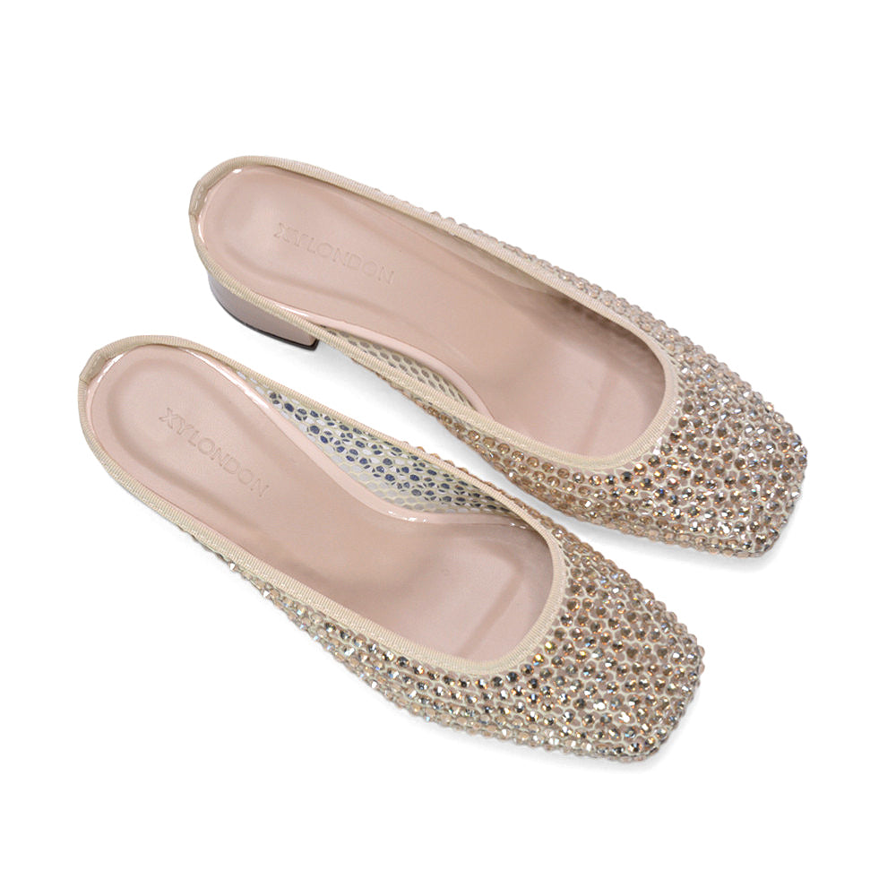 diamante mule court shoes, bridal diamante mesh court shoes, party wear crystal mesh mule heels, mesh court shoes women, womens beige heels, beige mid heels