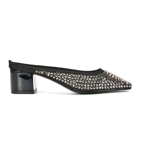 square toe mule heels, women’s sparkly mule block heels, bridal party shoes, breathable mesh heels, affordable crystal mesh heels, block mule heels, block sparkly heels