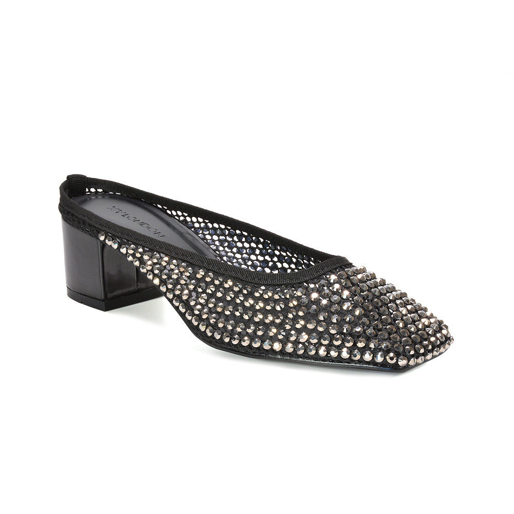block heel court shoes, square toe crystal mesh court shoes, evening party heels, cushioned block heel shoes, designer style mule heels women, black heeled sandals, black mesh heels