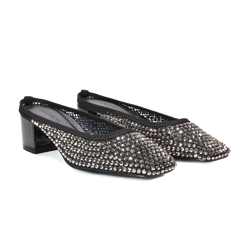 diamante crystal mesh heels, diamante crystal mesh square toe heels, wedding guest heels, slip-on mule heels, buy diamante mule heels UK, black heels, black block heels