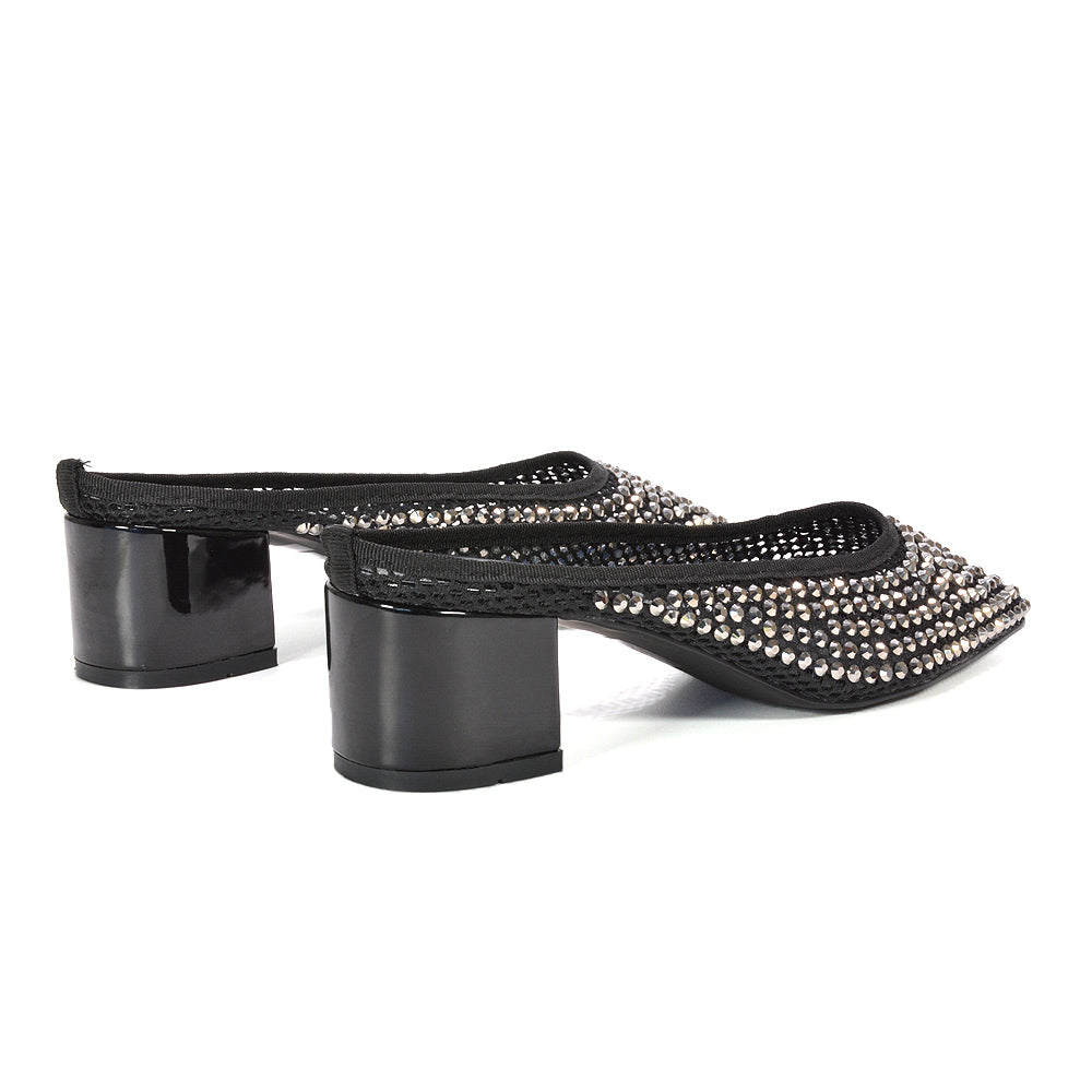 crystal mesh mule heels, diamante embellished mule heels for women, prom heels diamante, open back court shoes, comfortable dress heels for women, black prom heels, black block heels sandals