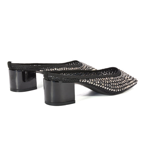 crystal mesh mule heels, diamante embellished mule heels for women, prom heels diamante, open back court shoes, comfortable dress heels for women, black prom heels, black block heels sandals