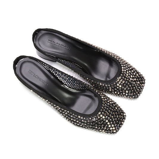 diamante mule court shoes, bridal diamante mesh court shoes, party wear crystal mesh mule heels, mesh court shoes women, womens black heels, black mid heels