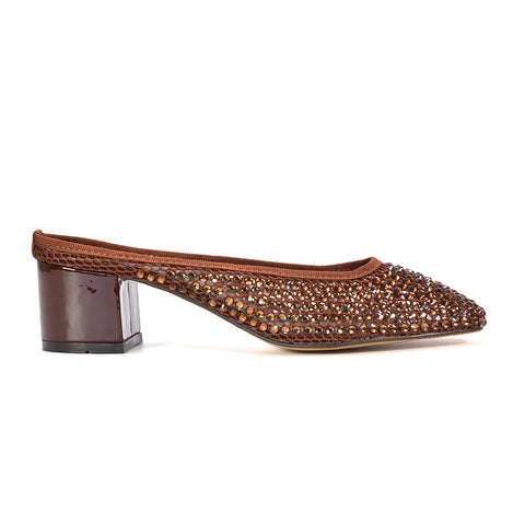 square toe mule heels, women’s sparkly mule block heels, bridal party shoes, breathable mesh heels, affordable crystal mesh heels, brown mule heels, brown sparkly heels