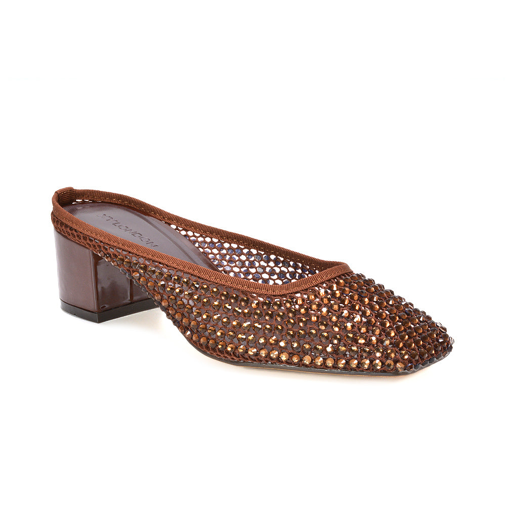 block heel court shoes, square toe crystal mesh court shoes, evening party heels, cushioned block heel shoes, designer style mule heels women, brown heeled sandals, brown mesh heels