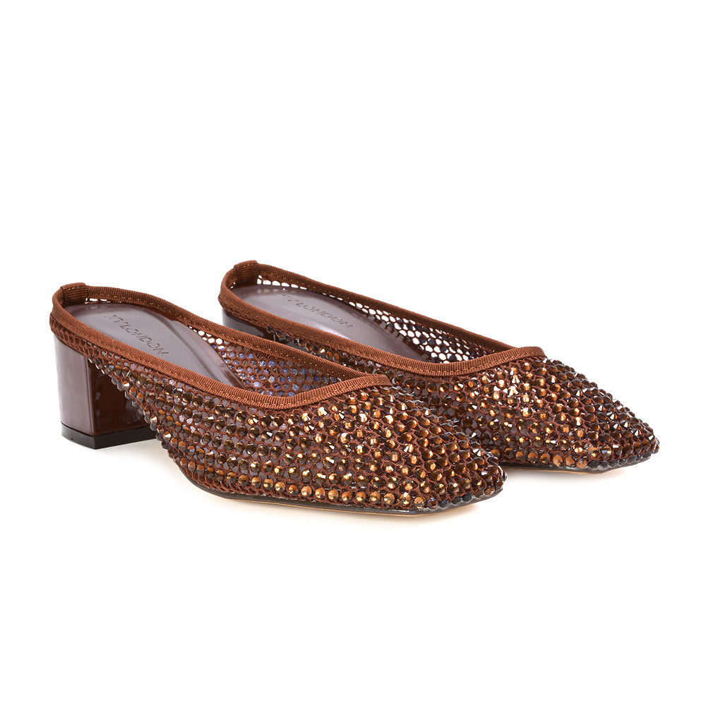 diamante crystal mesh heels, diamante crystal mesh square toe heels, wedding guest heels, slip-on mule heels, buy diamante mule heels UK, brown heels, brown block heels