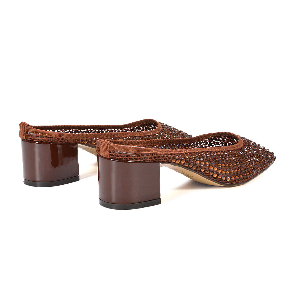 crystal mesh mule heels, diamante embellished mule heels for women, prom heels diamante, open back court shoes, comfortable dress heels for women, brown prom heels, brown block heels sandals