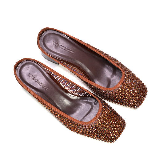 diamante mule court shoes, bridal diamante mesh court shoes, party wear crystal mesh mule heels, mesh court shoes women, womens brown heels, brown mid heels