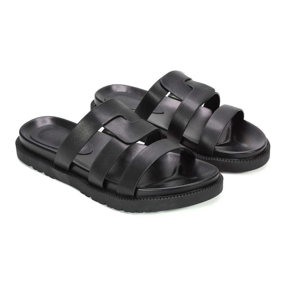 chunky black sandals for street style looks, all black summer slide sandals, casual sandals for weekend outfits, lightweight flat sandals for travel and holidays, strappy flat sandals women