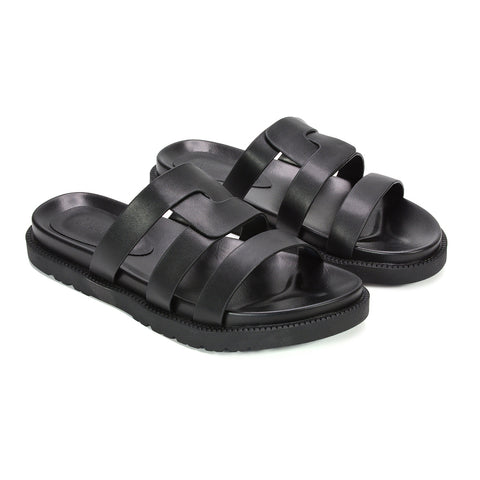 chunky black sandals for street style looks, all black summer slide sandals, casual sandals for weekend outfits, lightweight flat sandals for travel and holidays, strappy flat sandals women