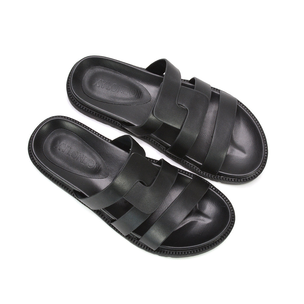 comfortable slide sandals, breathable open toe sandals for hot weather, slip on sandals for poolside and resort wear, black casual everyday sandals, black strappy sandals for summer dresses and jeans