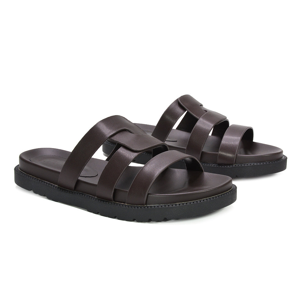 comfortable strappy summer slides, lightweight slip on summer sandals women, brown slip on summer sandals, brown comfortable strappy slides for women