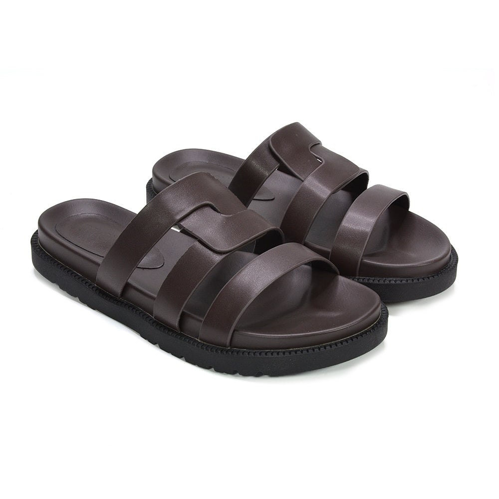 summer sandals for women, slip on chunky flat sandals, comfortable chunky flat slip on sandals for summer holidays, brown summer slides for women