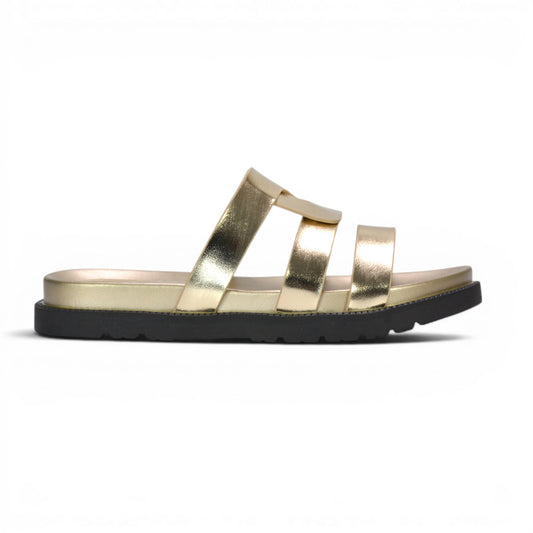 gold summer sandals for women, gold chunky flat slip on sandals, comfortable gold chunky flat sandals for summer outfits