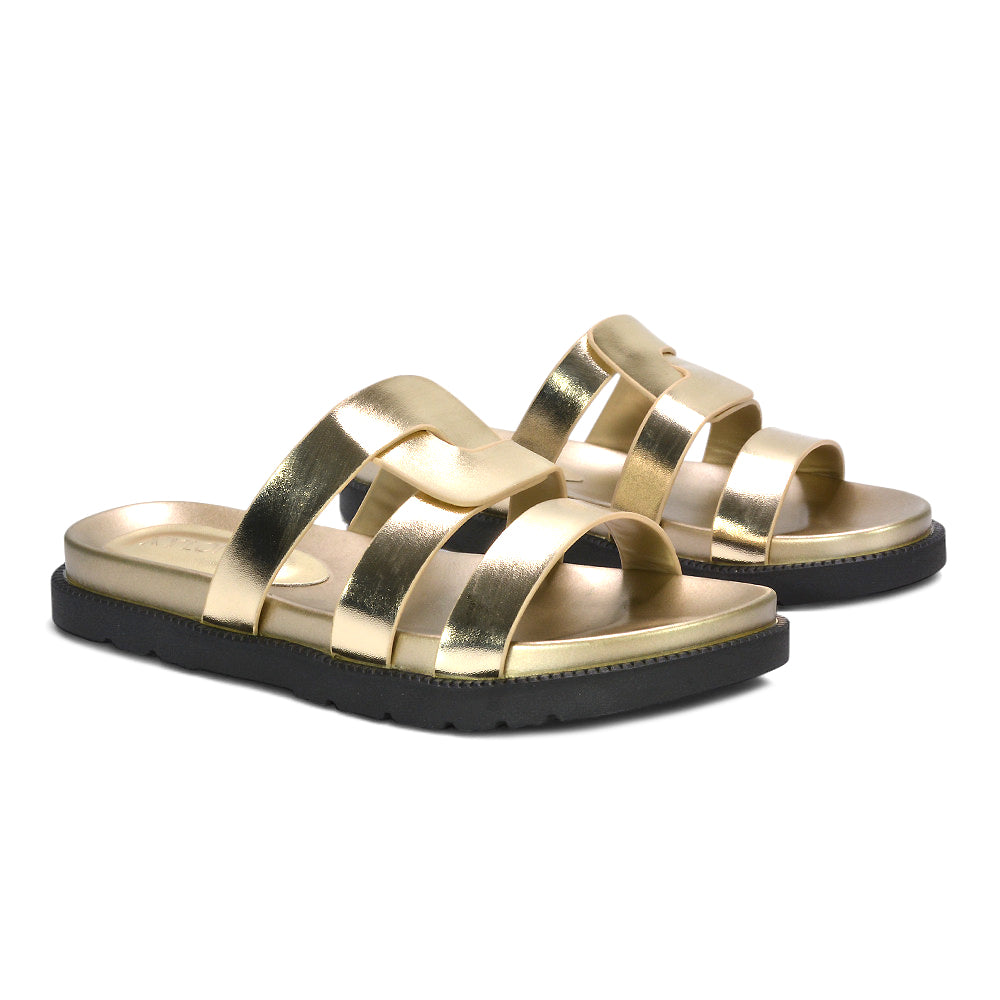 holiday resort gold slides, metallic gold summer sandals, elegant gold flat sandals for wedding guest and evening wear, resort slides
