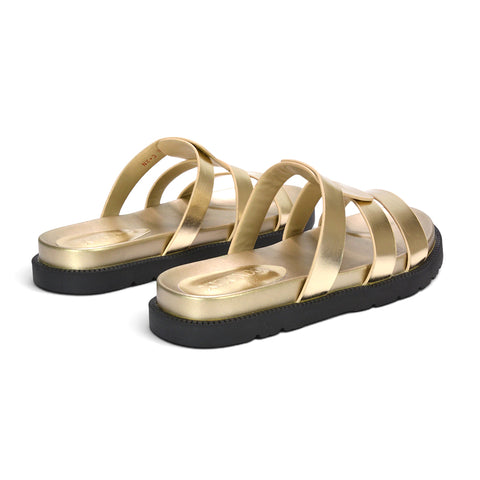 gold sandals for party outfits, comfortable gold flat sandals women, metallic gold summer slides for beach and vacation looks, gold strappy slides for summer