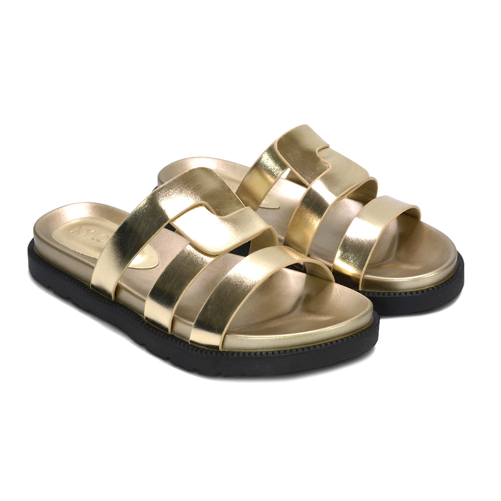 wedding guest gold flat sandals, shiny gold casual sandals slides, trendy gold comfortable sandals for all day wear, special occasion flat sandals gold
