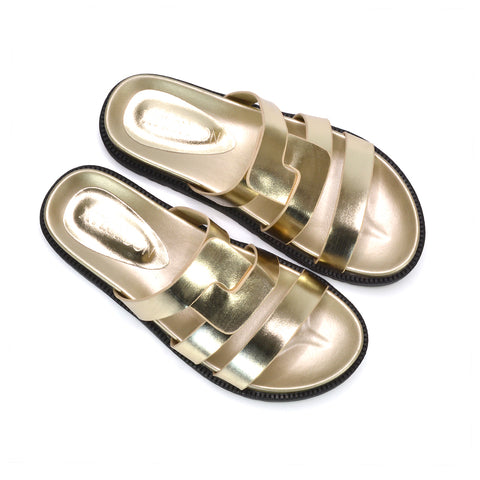 evening summer gold footwear, festival gold strappy sandals, gold wide strap flat sandals, elegant gold summer slip on sandals