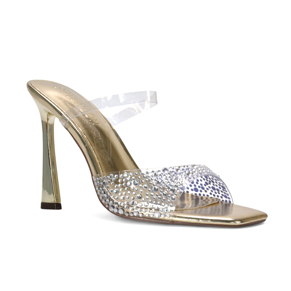 gold rhinestone heels, gold party mule heels, gold square toe rhinestone mule heels