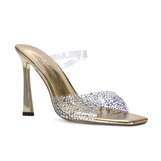 gold rhinestone heels, gold party mule heels, gold square toe rhinestone mule heels