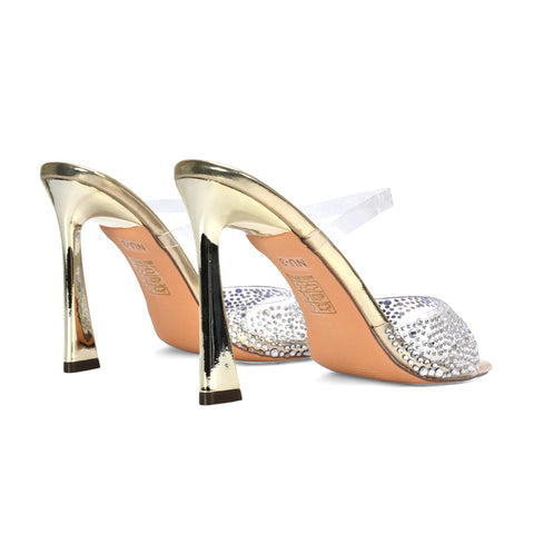 gold transparent heel party shoes, gold slip-on heels, gold square toe mules
