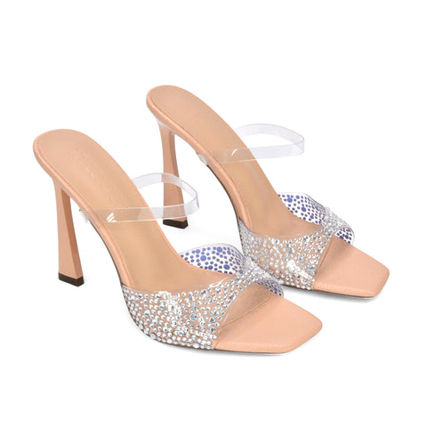 nude mule heels, nude clear heel sandals, nude slip-on rhinestone heels women