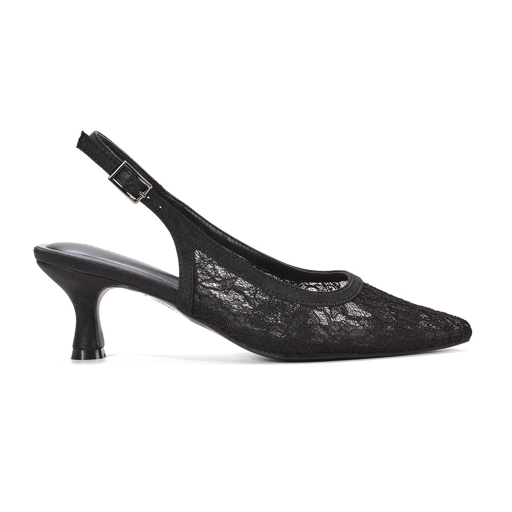 black lace slingback court shoes, women’s black lace dress heels, black lace slingback court shoes pointed toe kitten heels for women