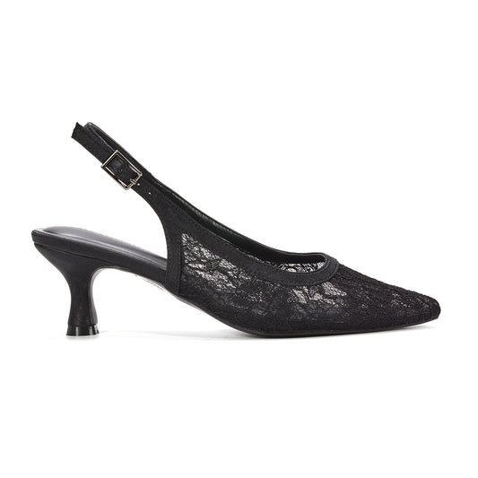 black lace slingback court shoes, women’s black lace dress heels, black lace slingback court shoes pointed toe kitten heels for women