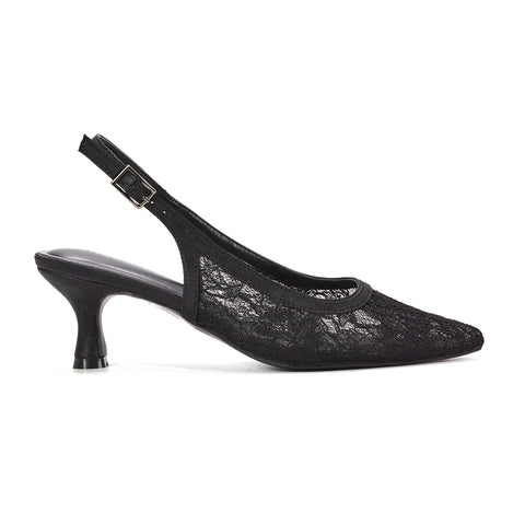 black lace slingback court shoes, women’s black lace dress heels, black lace slingback court shoes pointed toe kitten heels for women
