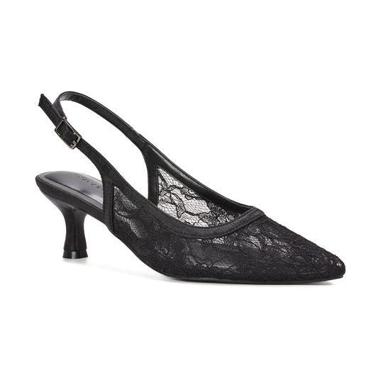 black pointed toe kitten heels, black formal kitten heel shoes, elegant black kitten heel slingbacks for wedding guest outfit