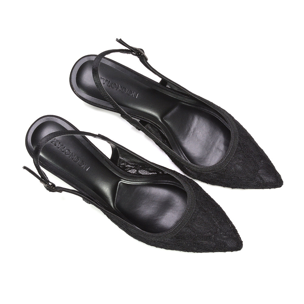 black pointed toe low heels women, black lace low heel sandals, black elegant court shoes for cocktail and party wear