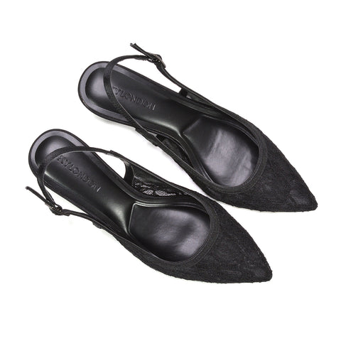 black pointed toe low heels women, black lace low heel sandals, black elegant court shoes for cocktail and party wear