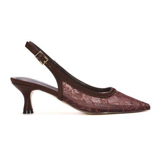 brown lace slingback heels, women’s brown lace kitten heels, brown lace slingback court shoes pointed toe kitten heels for women