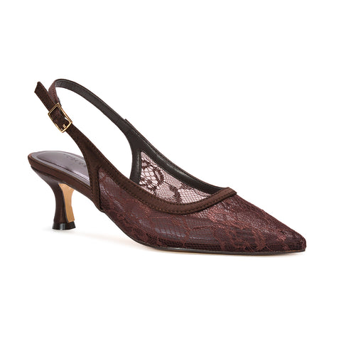 brown pointed toe kitten heel shoes, brown slingback court shoes, elegant brown kitten heel slingbacks for wedding guest outfit
