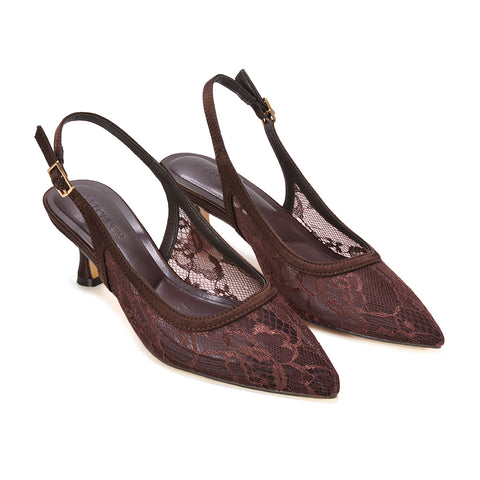 brown elegant court heels, brown dressy kitten heel pumps, brown pointed toe slingback shoes for office and business wear
