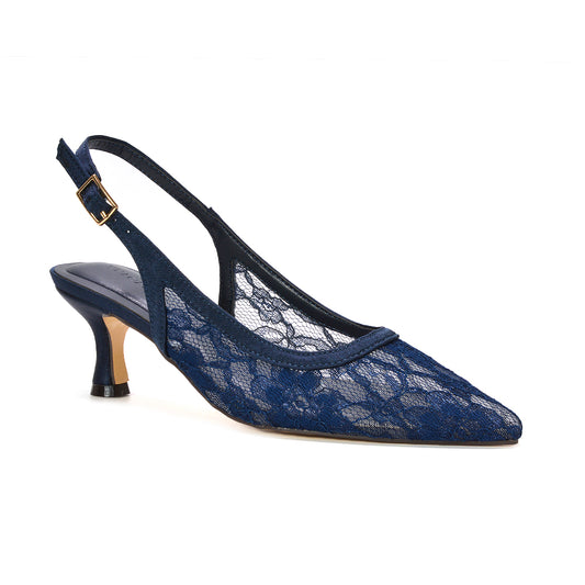 elegant navy kitten heel slingbacks for wedding guest outfits, blue slingback court shoes, navy pointed toe kitten heels