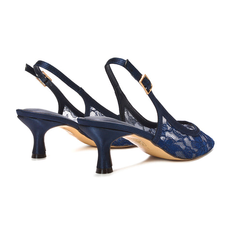 navy lace low heel court shoes for formal occasions and events, deep blue pointed toe heels, dark blue lace kitten heels