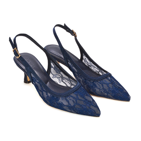 navy elegant court heels, navy smart slingback low heels, stylish navy lace kitten heels for evening and dinner dresses
