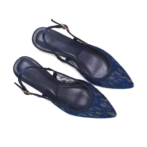 navy pointed toe slingback shoes for office and professional wear, navy elegant low heel pumps, navy low heel pointed toe shoes, navy kitten heel slingback shoes