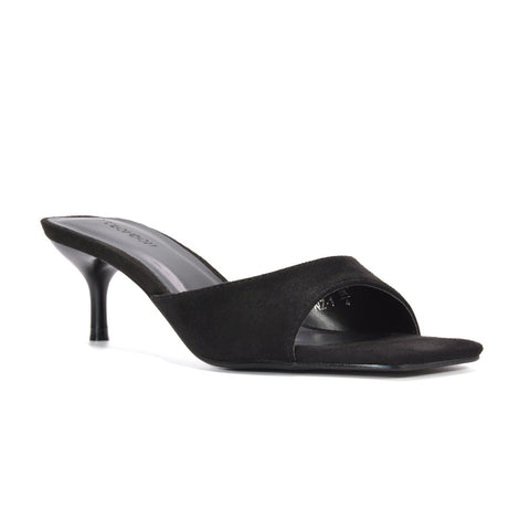 slip-on heeled sandals, chic open toe kitten heel mules, sleek slip-on stiletto mules, black slip on stiletto heels, black mid heel mules