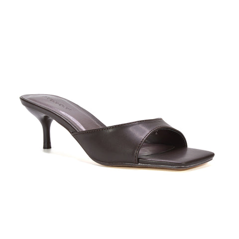 slip-on heeled sandals, chic open toe kitten heel mules, sleek slip-on stiletto mules, brown slip on stiletto heels, brown mid heel mules